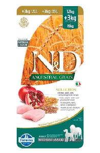 N&D dog AG SELECTION adult medium & maxi, chicken, spelt, oats & pomegranate 12 kg + 3 kg